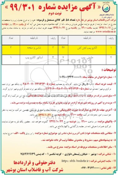 مزایده, مزایده تعداد 58 قلم کالای مستعمل و فرسوده - نوبت دوم 