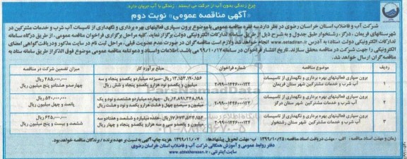 مناقصه , مناقصه برون سپاری فعالیتهای بهره برداری و نگهداری از تاسیسات آب شرب و خدمات مشترکین -  نوبت دوم