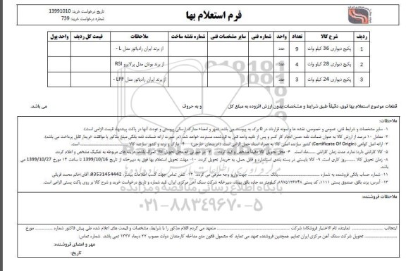 استعلام، استعلام پکیج دیواری 36 کیلوولت