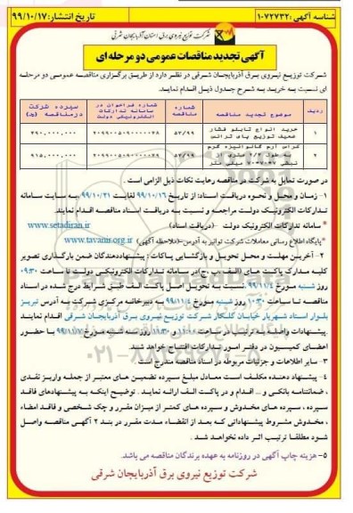تجدید آگهی مناقصه عمومی ، تجدید مناقصه خرید انواع تابلو فشار ضعیف ...