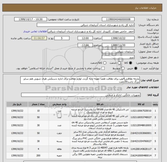 استعلام پارچه نظافتی4توپ برای نظافت ظمنا نمونه ارایه گردد. لوازم نظافت برای اداره دستکش ظرف شویی هم سایز بزرگ باشد30جفت