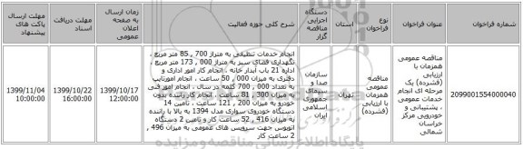 مناقصه عمومی همزمان با ارزیابی (فشرده) یک مرحله ای انجام خدمات عمومی ، پشتیبانی و خودرویی مرکز خراسان شمالی