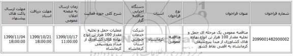 مناقصه عمومی یک مرحله ای حمل و تخلیه مقدار 100 هزار تن انواع نهاده های کشاورزی از مبدا پتروشیمی کرمانشاه به اقصی نقاط کشور