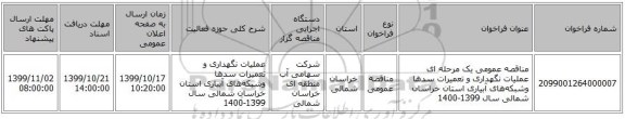 مناقصه عمومی یک مرحله ای عملیات  نگهداری و تعمیرات سدها وشبکه‌های آبیاری استان خراسان شمالی سال 1399-1400