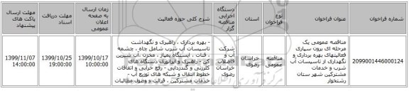 مناقصه عمومی یک مرحله ای برون سپاری فعالیتهای بهره برداری و نگهداری از تاسیسات آب شرب و خدمات مشترکین  شهر ستان رشتخوار