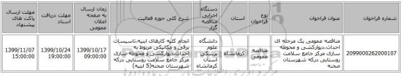 مناقصه عمومی یک مرحله ای احداث،دیوارکشی و محوطه سازی مرکز جامع سلامت روستایی درکه شهرستان صحنه