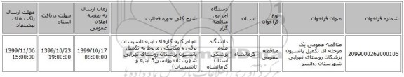 مناقصه عمومی یک مرحله ای تکمیل پانسیون پزشکان روستای نهرابی شهرستان روانسر 