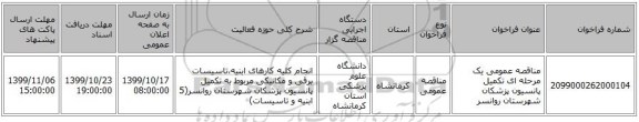 مناقصه عمومی یک مرحله ای تکمیل پانسیون پزشکان شهرستان روانسر