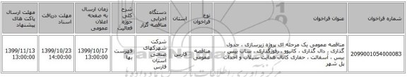 مناقصه عمومی یک مرحله ای پروژه زیرسازی ، جدول گذاری ، دال گذاری ، کانیوو ، رفوژگذاری ، ساب بیس ، بیس ، آسفالت ، حفاری کانال هدایت سیلاب و احداث پل شهر