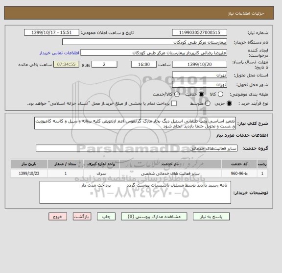 استعلام تعمیر اساسی پمپ طبقاتی استیل دیگ بخار مارک گرانفوس،اعم ازتعویض کلیه پروانه و سیل و کاسه کامپوزیت و..تست و تحویل حتما بازدید انجام شود 