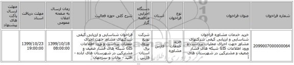 خرید خدمات مشاوره فراخوان شناسایی و ارزیابی کیفی شرکتهای مشاور جهت اجرای عملیات برداشت و ورود اطلاعات GIS شبکه های فشار ضعیف و مشترکین در شهرستان های آ