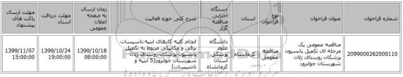 مناقصه عمومی یک مرحله ای تکمیل پانسیون پزشکان روستای زلان شهرستان جوانرود