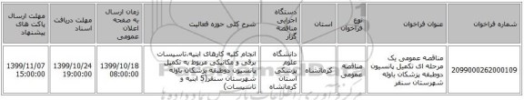 مناقصه عمومی یک مرحله ای تکمیل پانسیون دوطبقه پزشکان باوله شهرستان سنقر