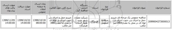 مناقصه عمومی یک مرحله ای خریدو حمل و اجرای بتن جهت اجرای پل لوله ای در محل به مقدار3000 متر مکعب