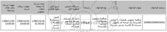 مناقصه عمومی همزمان با ارزیابی (فشرده) یک مرحله ای تکمیل دبستان 6 کلاسه دشتی پارسیان