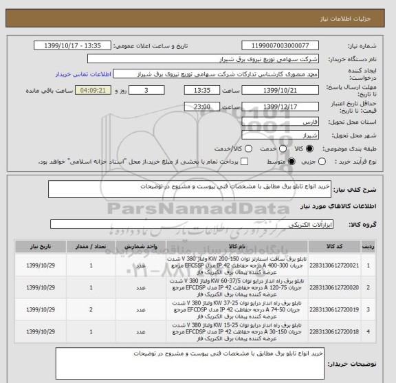 استعلام خرید انواع تابلو برق مطابق با مشخصات فنی پیوست و مشروح در توضیحات