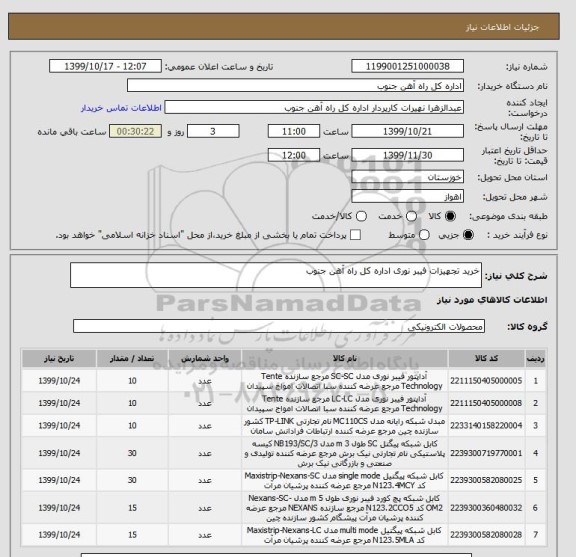 استعلام خرید تجهیزات فیبر نوری اداره کل راه آهن جنوب