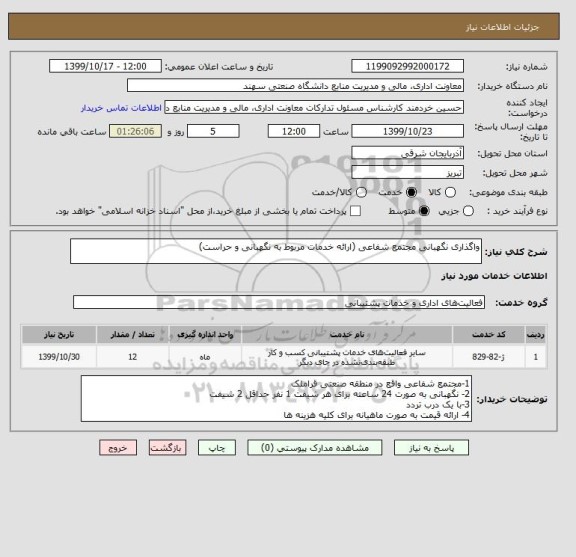 استعلام واگذاری نگهبانی مجتمع شفاعی (ارائه خدمات مربوط به نگهبانی و حراست) 
