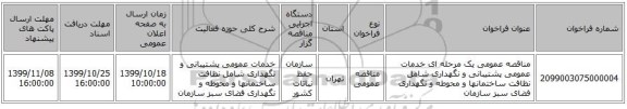 مناقصه عمومی یک مرحله ای  خدمات عمومی پشتیبانی و نگهداری شامل نظافت ساختمانها و محوطه و نگهداری فضای سبز سازمان