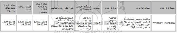 مناقصه عمومی همزمان با ارزیابی (فشرده) دو مرحله ای خرید تجهیزات کمک آموزشی مدارس استان گیلان