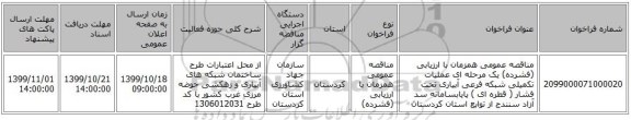 مناقصه عمومی همزمان با ارزیابی (فشرده) یک مرحله ای عملیات تکمیلی شبکه فرعی آبیاری تحت فشار ( قطره ای ) پایابسامانه سد آزاد سنندج از توابع استان کردستان
