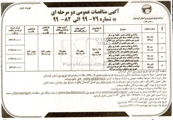 مناقصات، مناقصات واگذاری فعالیت تعمیر نگهداری رفع حوادث  - نوبت دوم