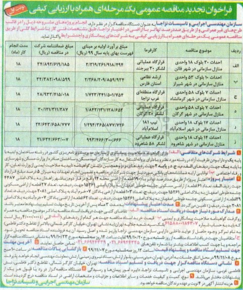 تجدید فراخوان مناقصه , تجدید مناقصه پروژه احداث 30 بلوک 18 واحدی منازل سازمانی ....