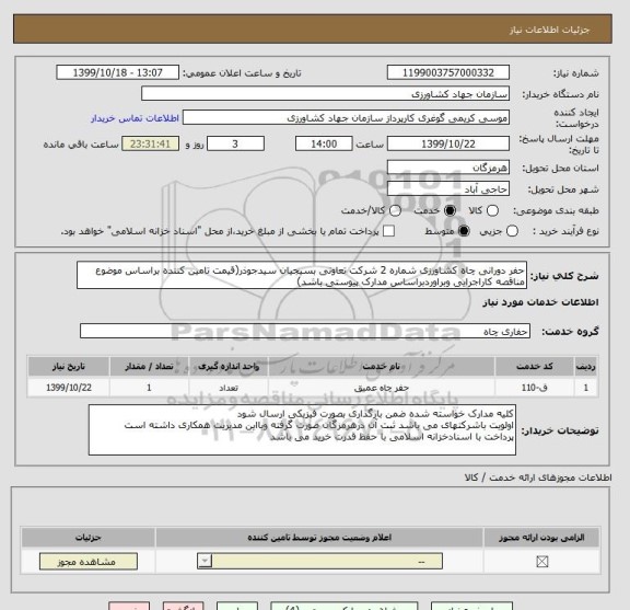 استعلام حفر دورانی چاه کشاورزی شماره 2 شرکت تعاونی بسیجیان سیدجوذر(قیمت تامین کننده براساس موضوع مناقصه کاراجرایی وبراوردبراساس مدارک پیوستی باشد)