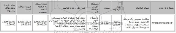 مناقصه عمومی یک مرحله ای تکمیل مرکز جامع سلامت شهری شماره 1 شهرستان سرپل ذهاب