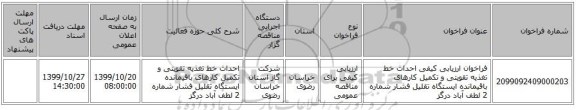 فراخوان ارزیابی کیفی احداث خط تغذیه تقویتی و تکمیل کارهای باقیمانده ایستگاه تقلیل فشار شماره 2 لطف آباد درگز