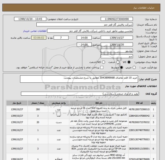 استعلام خرید 10 قلم تقاضای 3043899068 مطابق با شرح مشخصات پیوست