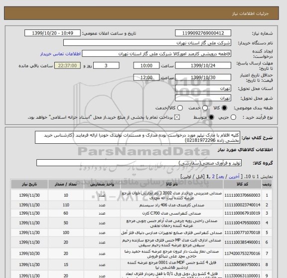 استعلام کلیه اقلام با مارک نیلپر مورد درخواست بوده مدارک و مستندات تولیدی خودرا ارائه فرمایند (کارشناس خرید بخشی زاده 02181972296)