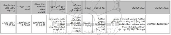 مناقصه عمومی همزمان با ارزیابی (فشرده) یک مرحله ای تکمیل باقی مانده عملیات احداث تقاطع غیرهمسطح پارک نشاط قوچان-99/31/174 نوبت اول