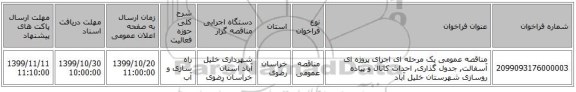 مناقصه عمومی یک مرحله ای اجرای پروژه ای آسفالت, جدول گذاری, احداث کانال و پیاده روسازی شهرستان خلیل آباد