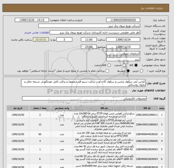 استعلام کراس آرم، سکوی ترانس و سکوی کات اوت، براکت سیم فشارضعیف و براکت کابل خودنگهدار، تسمه حائل و بازوی روشنائی
