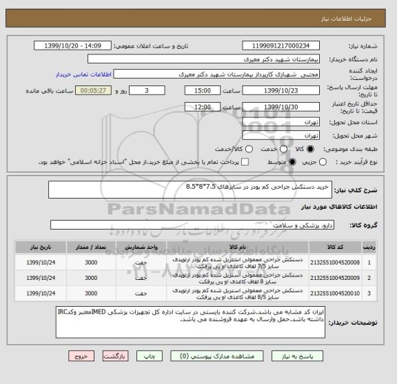 استعلام  خرید دستکش جراحی کم پودر در سایزهای 7.5*8*8.5