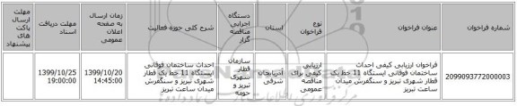 فراخوان ارزیابی کیفی احداث ساختمان فوقانی ایستگاه 11 خط یک قطار شهری تبریز و سنگفرش میدان ساعت تبریز
