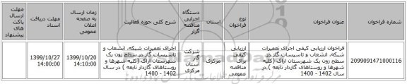 فراخوان ارزیابی کیفی  اجرای تعمیرات شبکه، انشعاب و تاسیسات گاز در سطح زون  یک شهرستان اراک (کلیه شهرها و روستاهای گازدار تابعه ) در سال  1402 - 1400 