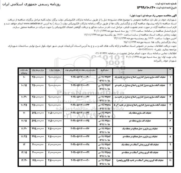 آگهی مناقصه عمومی, مناقصه عملیات آماده سازی، جدول گذاری و اصلاح جداول در ناحیه یک و ...