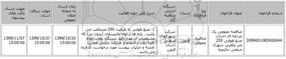 مناقصه عمومی یک مرحله ای احداث منبع هوایی 250 متر مکعبی شهرک صنعتی حکیمیه