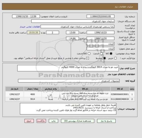 استعلام خرید جو به میزان 5914 کیلوگرم و بیده به میزان 4000 کیلوگرم