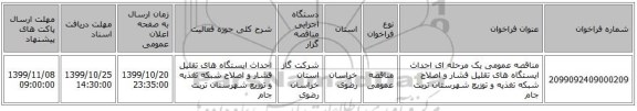 مناقصه عمومی یک مرحله ای احداث ایستگاه های تقلیل فشار و اصلاح شبکه تغذیه و توزیع شهرستان تربت جام