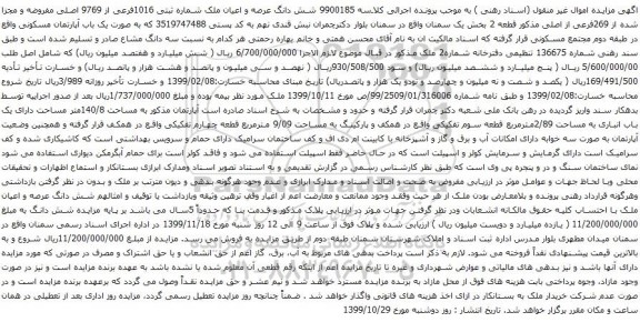آگهی مزایده شش دانگ عرصه و اعیان ملک شماره ثبتی 1016فرعی از 9769 اصلی