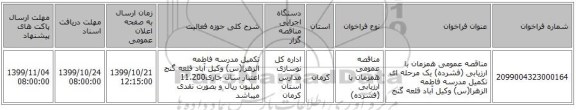 مناقصه عمومی همزمان با ارزیابی (فشرده) یک مرحله ای تکمیل مدرسه فاطمه الزهرا(س) وکیل آباد قلعه گنج