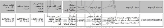 مناقصه عمومی همزمان با ارزیابی (فشرده) یک مرحله ای تکمیل مدرسه 3 کلاسه سوده ریگ متین قلعه گنج