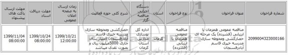 مناقصه عمومی همزمان با ارزیابی (فشرده) یک مرحله ای حصارکشی ومحوطه سازی مدرسه خیری قاسم آبادرفسنجان