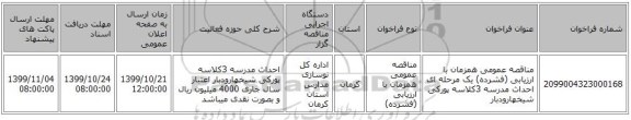 مناقصه عمومی همزمان با ارزیابی (فشرده) یک مرحله ای احداث مدرسه 3کلاسه پورکی شیخهارودبار