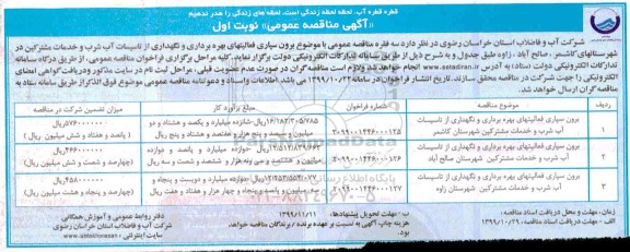 مناقصه , مناقصه برون سپاری فعالیتهای بهره برداری و نگهداری از تاسیسات آب شرب و خدمات مشترکین