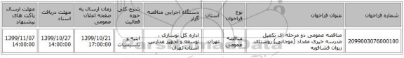مناقصه عمومی دو مرحله ای تکمیل مدرسه خیری مقداد (موجانی) روستای زیوان فشافویه