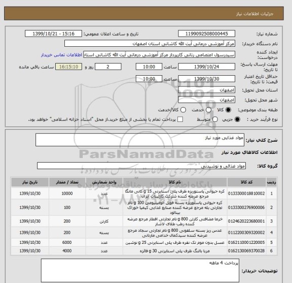 استعلام مواد غذایی مورد نیاز 